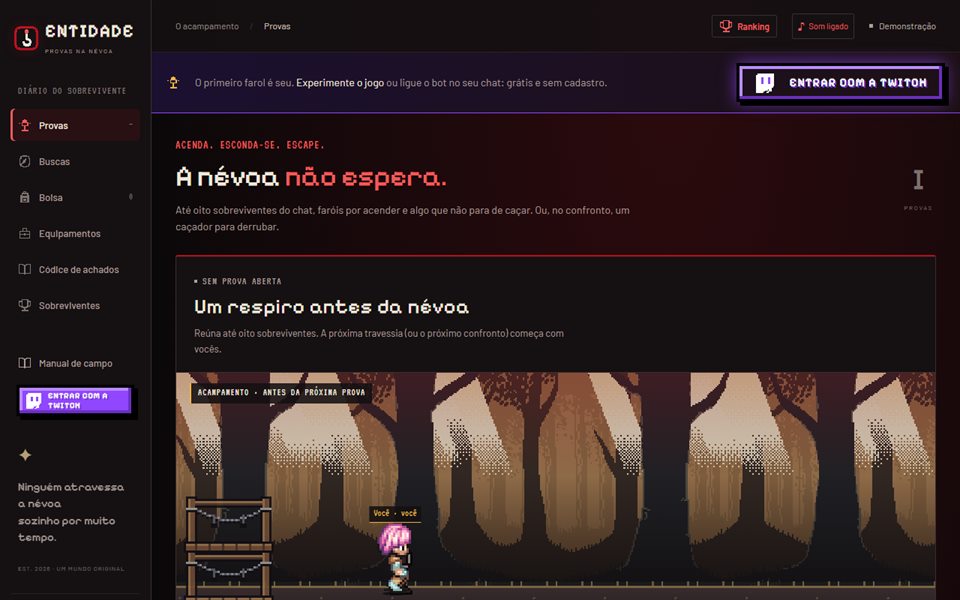 Tela da Entidade: acampamento na floresta com um sobrevivente em pixel art